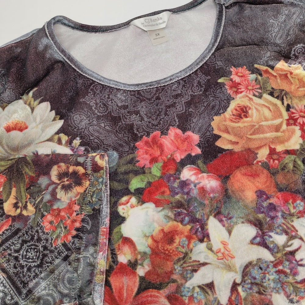 CJ Banks Top Women 3X Grey Excellent Floral Paisley Metallic Velvet Long Sleeve